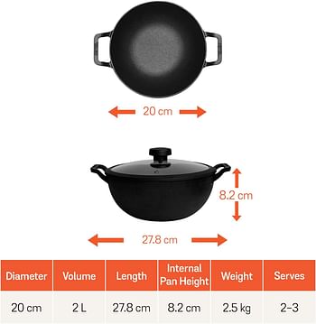 Meyer Pre Seasoned Cast Iron Kadai|Iron Kadhai with Lid for Cooking and Deep Frying Heavy Base Iron Kadai Small Size Gas Stove and Induction Friendly 20cm 2 Liters - Black