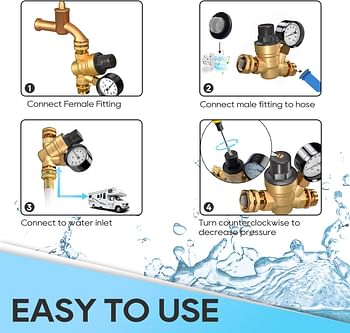 RVGUARD RV Water Pressure Regulator Valve, Brass Lead-Free Adjustable Water Pressure Reducer with Gauge and Inlet Screen Filter for RV Camper Travel Trailer