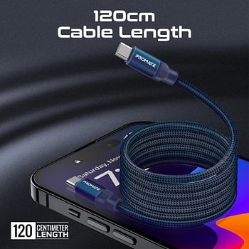 Promate USB-C to USB-C Premium Magnetic Self-Organizing Cable with 60W Power Delivery and 120cm Durable Nylon Braided Sync and Charge Cable, Reversible Connectors, Thick Copper Core - Springy Blue