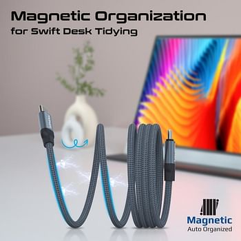 Promate USB-C to USB-C Premium Magnetic Self-Organizing Cable with 60W Power Delivery and 120cm Durable Nylon Braided Sync and Charge Cable, Reversible Connectors, Thick Copper Core - Grey