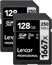 Lexar 128GB (2-Pack) Professional 1667x SDXC Memory Cards, UHS-II, C10, U3, V60, Full-HD & 4K Video, Up To 250MB/s Read, for Professional Photographer, Videographer, Enthusiast (LSD128CBNA16672)