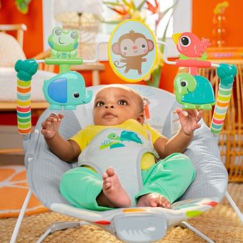 Bright Starts Playful Paradise Comfy Baby Bouncer Seat with Soothing Vibration and Toys for Unisex, 0-6 Months