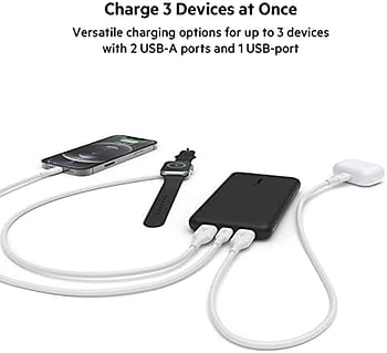 Belkin 10000mAh portable power bank, 10K USB-C portable charger with 1 USB-C port and 2 USB-A ports, battery pack for up to 15W charging for iPhone, Samsung Galaxy, AirPods, iPad – Black