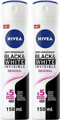 NIVEA Antiperspirant Spray for Women, 48h Protection, Black & White Invisible Original, 2x150ml