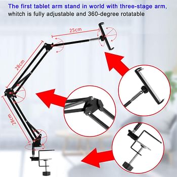 حامل تابلت قابل للتعديل، حامل تابلت قابل للطي للسرير، حامل تابلت مرن من الالومنيوم مع دوران 360 درجة لايباد/ايفون/ايباد برو/ان سويتش، او اجهزة اخرى مقاس 4.5 ~ 12.9 انش (اسود)