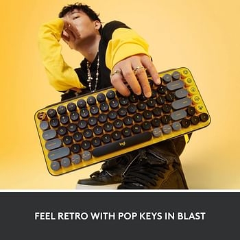 Logitech POP Keys Mechanical Wireless Keyboard with Customizable Emoji Keys Durable Compact Design Bluetooth or USB Connectivity Multi Device OS Compatible Arabic Keyboard - Blast Yellow