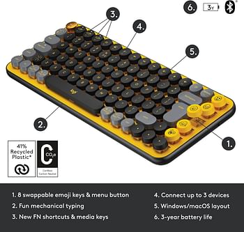 Logitech POP Keys Mechanical Wireless Keyboard with Customizable Emoji Keys Durable Compact Design Bluetooth or USB Connectivity Multi Device OS Compatible Arabic Keyboard - Blast Yellow