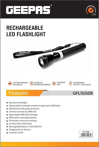 Geepas Gfl51028 Rechargeable Led Flashlight - Black