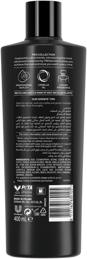 TRESEMMÉ Shineplex Colour Shampoo for vibrant hair, with Camellia Oil, Professional Sulphate-free 400ml