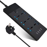 SKY-TOUCH Power Strips Extension Cord 6 Outlets, Universal Plug Adapter With 4 Usb Ports Surge Protector, Charging Socket With 2M Bold Extension Cord - Black