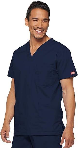 Dickies EDS Signature Scrubs for Men, Multi-Pocket V-Neck Scrub Top in Soft Brushed Poplin 81906 M - Blue