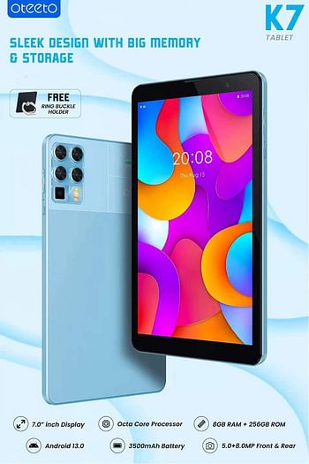 Oteeto K7 7.0 Inch Display Android Tablet With 8GB RAM 256 GB ROM 3500 mAh Battery Octa Core Processor Android 13.0 I 5.0 + 8.0MP Front & Rear Camera (Free Ring Buckle Holder) - Grey