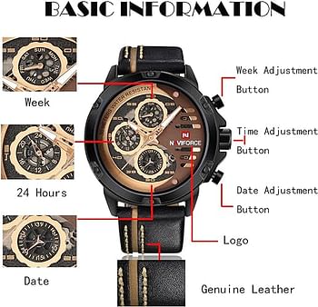 NAVIFORCE Sport Military Watches for Men Waterproof Watch Analog Quartz Leather Band Date Calendar Clock Wristwatch - Black/Rose Gold/Brown