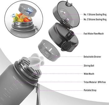 PROIRON Water Bottle 0.5L/1L Leak-Proof Drink Bottle BPA Free USA Tritan Material Gym Bottle with Protein Shaker, Flip Top Lid & Removable Strainer for Fitness Cycling, Gym Camping Outdoor Sports - Dark grey