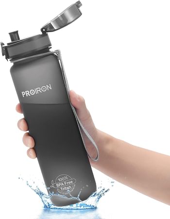 PROIRON Water Bottle 0.5L/1L Leak-Proof Drink Bottle BPA Free USA Tritan Material Gym Bottle with Protein Shaker, Flip Top Lid & Removable Strainer for Fitness Cycling, Gym Camping Outdoor Sports - Dark grey