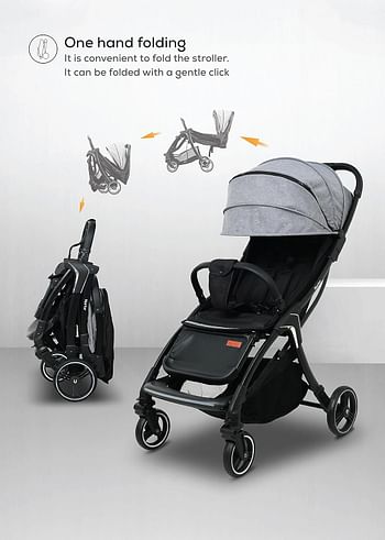 Nurtur Aluminum Alloy Baby Stroller, Storage Basket, Detachable Bumper, 5 Point Safety Harness, Compact Foldable Design, 0 to 36 months - Grey/Black