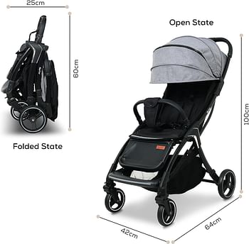 Nurtur Aluminum Alloy Baby Stroller, Storage Basket, Detachable Bumper, 5 Point Safety Harness, Compact Foldable Design, 0 to 36 months - Grey/Black