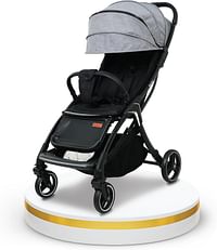 Nurtur Aluminum Alloy Baby Stroller, Storage Basket, Detachable Bumper, 5 Point Safety Harness, Compact Foldable Design, 0 to 36 months - Grey/Black