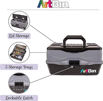 Artbin 6893Ag 3-Tray Art Supply Box, Portable Art & Craft Organizer With Lift-Up Trays, [1] Plastic Storage Case - Gray/Black