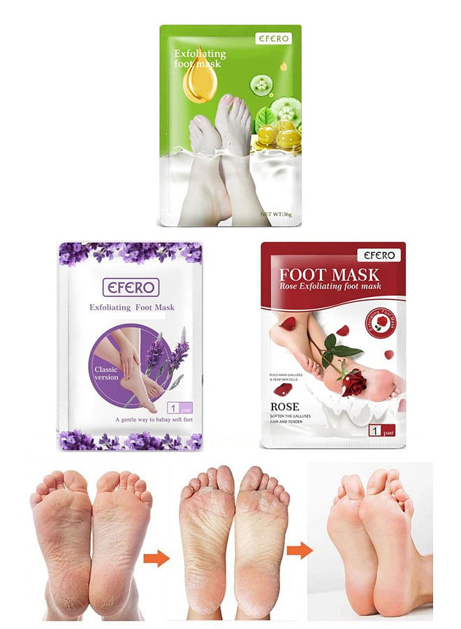 3 Pieces Foot Peeling and Exfoliating Mask, Dead Skin Removing Sock - Olive, Lavender, Rose