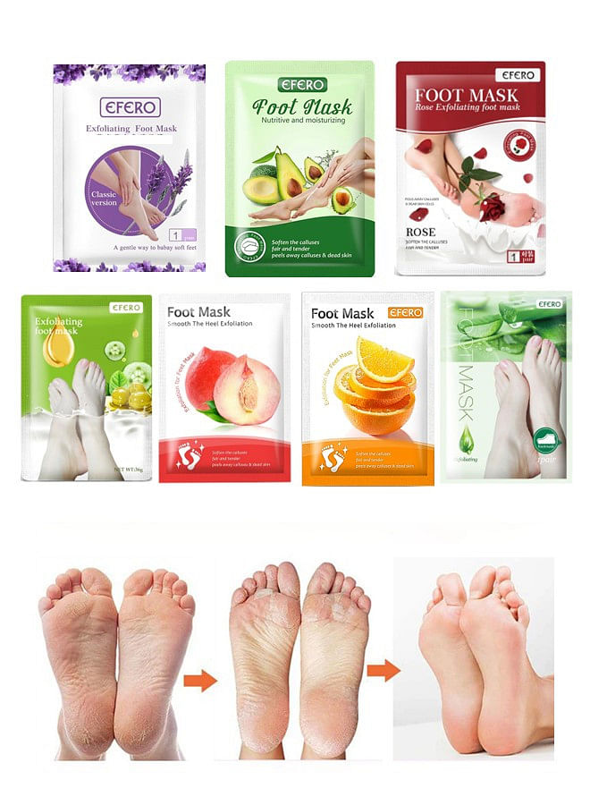 7 Pieces Foot Peeling and Exfoliating Mask, Dead Skin Removing Sock - Rose, Avocado, Orange, Peach, Lavender, Olive, Aloe Vera