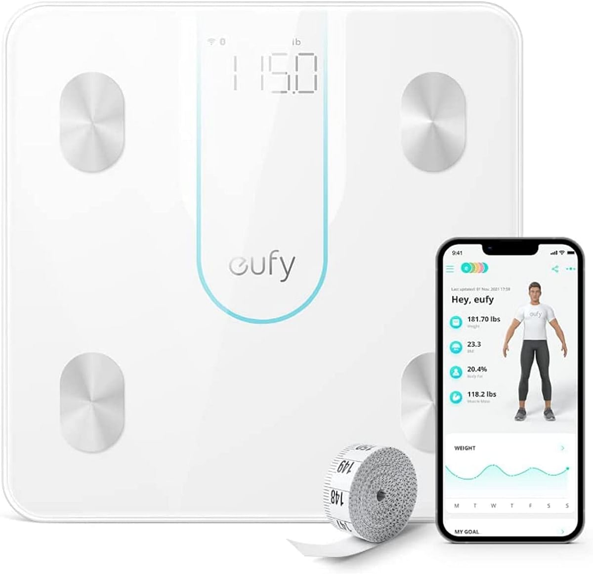 eufy Smart Scale P2, Digital Bathroom Scale with Wi-Fi, Bluetooth, 15 Measurements Including Weight, Body Fat, BMI, Muscle & Bone Mass, 3D Virtual Body Mod - White