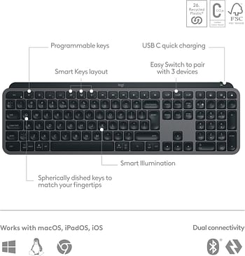 Logitech MX Keys Plus Advanced Wireless Illuminated Keyboard with Detachable Palm Rest, Tactile Responsive Typing, Backlighting, Bluetooth, USB-C, Apple macOS, Microsoft Windows, Linux