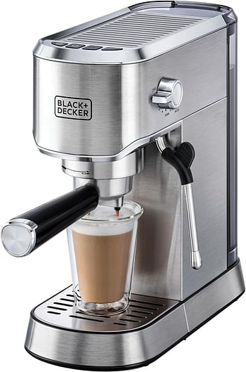 BLACK+DECKER Manual Barista Pump Espresso Coffee Machine, Cappuccino, Latte Macchiato, Milk Frother, 1450W- ECM150-B5 - Silver