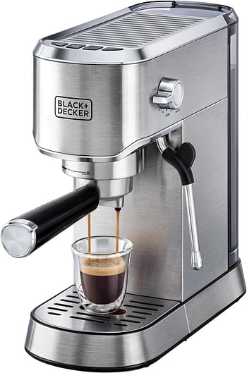 BLACK+DECKER Manual Barista Pump Espresso Coffee Machine, Cappuccino, Latte Macchiato, Milk Frother, 1450W- ECM150-B5 - Silver