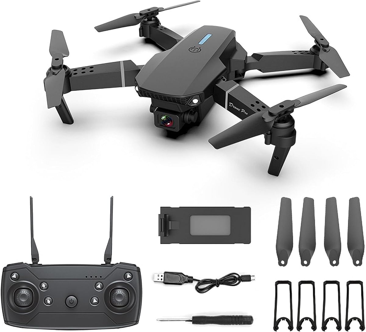 E88 Drone with 4K UHD FPV Camera Intelligent Recognition of Taking Photos With Gestures 90° Adjustable Lens, Altitude Hold Carrying Case Beginner Friendly with 1 Key Fly/Land/Return Trajectory Flight - Black