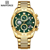ساعة يد رجالية نافيفورس 8021 من أفضل الماركات كرونوغراف ستانلس ستيل كوارتز 44 ملم -ذهبي، أخضر