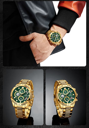 NAVIFORCE 8021 Men's Wristwatch Top Brand Chronograph Stainless Steel Quartz 44 mm - Gold, Green