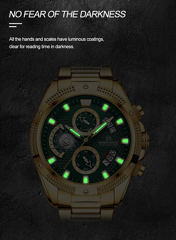 NAVIFORCE 8021 Men's Wristwatch Top Brand Chronograph Stainless Steel Quartz 44 mm - Gold, Green