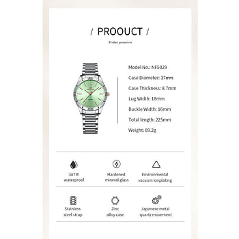 NAVIFORCE NF5029 Women Original Waterproof Luxury Fashion Quartz Ladies Watches Dress Personality Wristwatches Relogio Feminino - Silver\Green