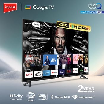 Impex 55 Inch FHD Google Smart TV with Dolby Vision Atmos and Dolby Audio, DTS HD, Built-in Chromecast, 2GB RAM, 8GB ROM, HDMI ARC, Super Slim Design with Voice Remote - evoQ 55S4RLC2