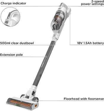 BLACK+DECKER Powerseries+ Cordless Stick Vacuum Cleaner, 18V 1.5Ah Battery, 33 Minutes Runtime, 2 Speed, Beater Bar, White - Bhfea515J-Gb