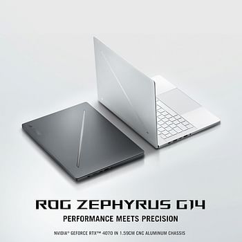 ‎ASUS ROG Zephyrus G14 GA403UI-OLED7WPW 14 inch Gaming Laptop R7-7 8845HS  16GB 1TB PCIe 4.0 M.2 SSD RTX 4070  8GB VRAM Windows 11 Pro  129Hz English, Arabic KeyBoard  - Platinum White