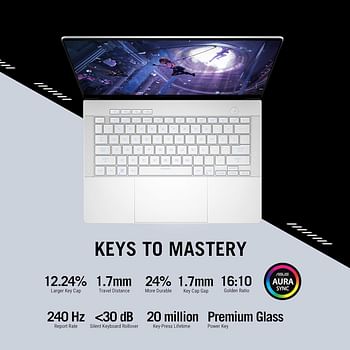 ‎ASUS ROG Zephyrus G14 GA403UI-OLED7WPW 14 inch Gaming Laptop R7-7 8845HS  16GB 1TB PCIe 4.0 M.2 SSD RTX 4070  8GB VRAM Windows 11 Pro  129Hz English, Arabic KeyBoard  - Platinum White