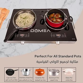 Domea Infrared Cooktop 2 Burner With 4 Preset Functions A-grade Micro Crystal Panel With Easy Touch Digital Display for Fast & Precise Cooking All Cookwares