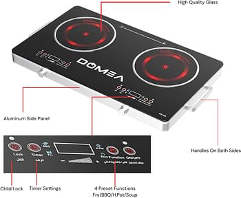 Domea Infrared Cooktop 2 Burner With 4 Preset Functions A-grade Micro Crystal Panel With Easy Touch Digital Display for Fast & Precise Cooking All Cookwares