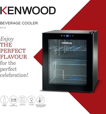 KENWOOD Beverage Cooler 12 Bottles Wine Cooler Refrigerator with Double Glass Door Blue Light Smart Temperature Control BCM12.000BK Black