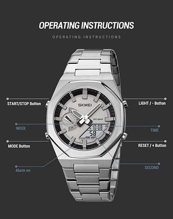 SKMEI 1816 Dual-Display Electronic Watch With Luminous Waterproof Steel Strap Fashion Business Wristwatches For Men 41.1mm - Silver