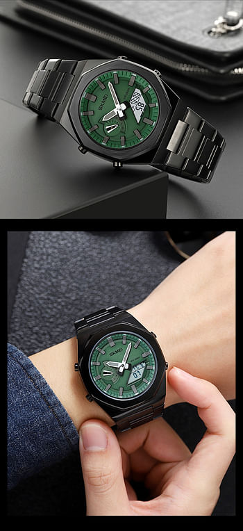 SKMEI 1816 Dual-Display Electronic Watch With Luminous Waterproof Steel Strap Fashion Business Wristwatches For Men 41.1mm - Black, Green