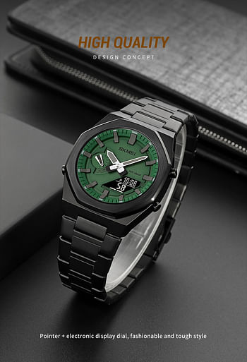 SKMEI 1816 Dual-Display Electronic Watch With Luminous Waterproof Steel Strap Fashion Business Wristwatches For Men 41.1mm - Black, Green