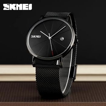 SKMEI 9183 Fashion Luxury Quartz Casual Slim Mesh Steel Waterproof Watches for Men - Black