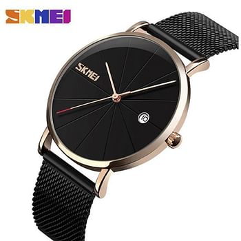 SKMEI 9183 Fashion Luxury Quartz Casual Slim Mesh Steel Waterproof Watches for Men - Black