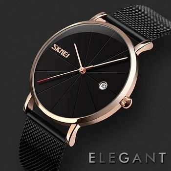 SKMEI 9183 Fashion Luxury Quartz Casual Slim Mesh Steel Waterproof Watches for Men - Black