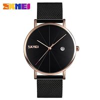 SKMEI 9183 Fashion Luxury Quartz Casual Slim Mesh Steel Waterproof Watches for Men - Black and Rose Gold