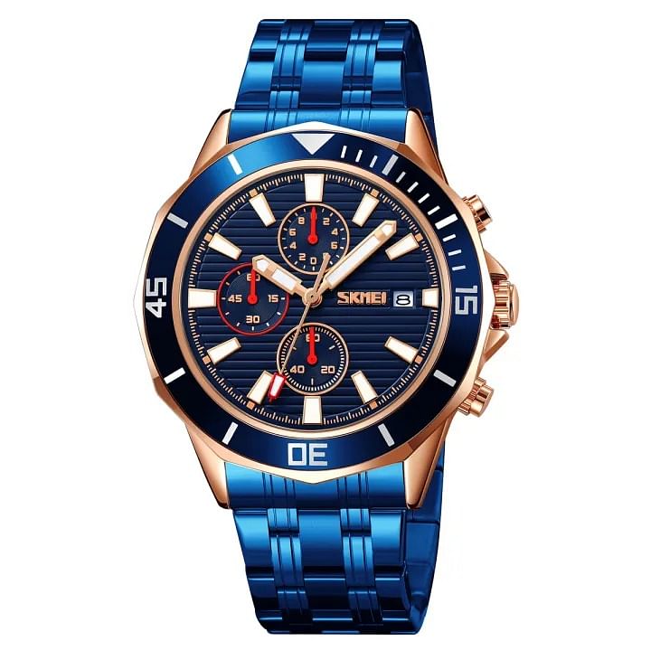 SKMEI 9335 Chronograph Stainless Steel Water Resist - Blue, Rose Gold