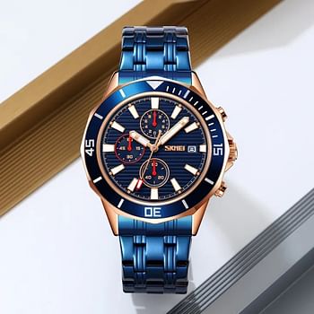 SKMEI 9335 Chronograph Stainless Steel Water Resist - Blue, Rose Gold